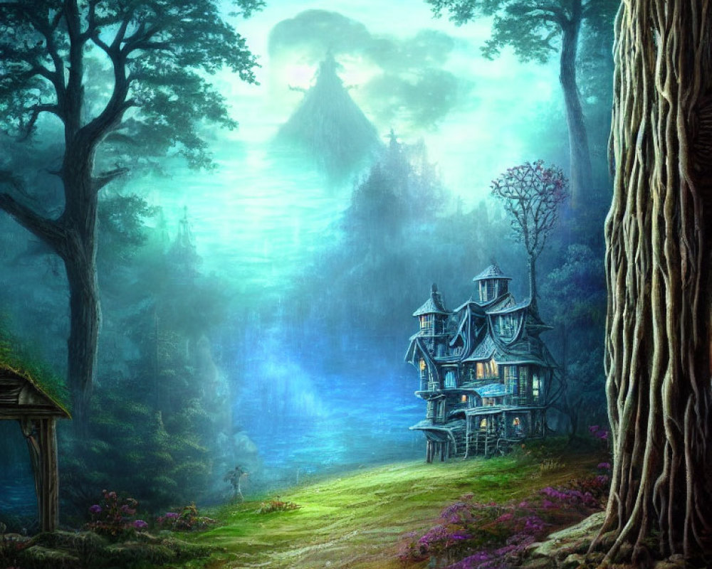 Mystical forest scene with Victorian-style house, towering trees, foggy background, mountain, and