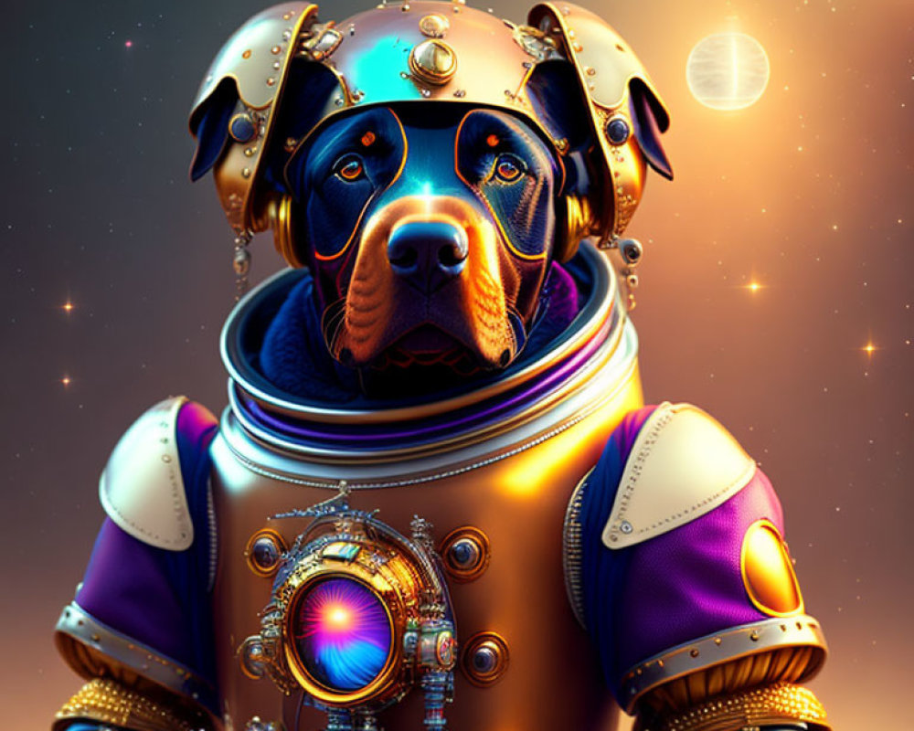 Digital Artwork: Dog in Astronaut Suit with Sci-Fi Elements and Cosmic Background