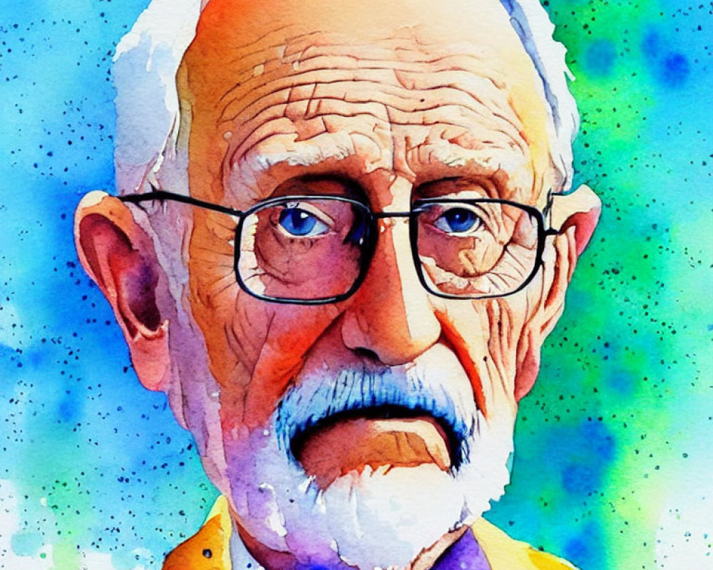 Elderly man with glasses in watercolor portrait