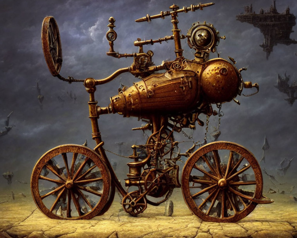 Steampunk-style bicycle with intricate gears in dark landscape