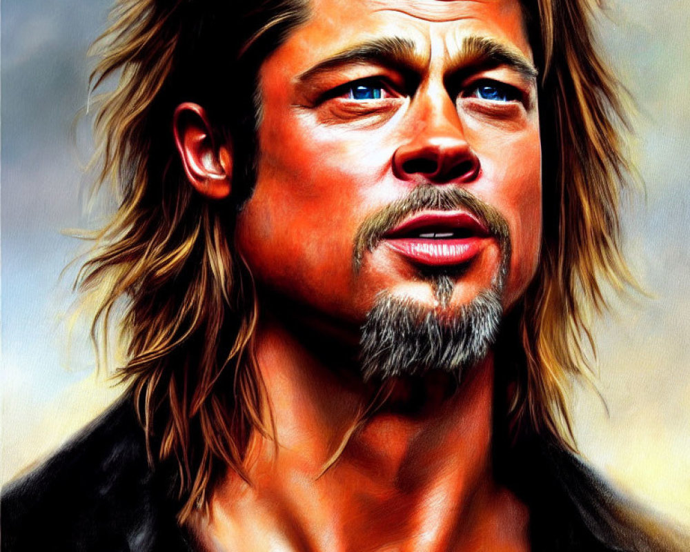 Realistic portrait of a man with long blond hair, blue eyes, goatee, and rugged look