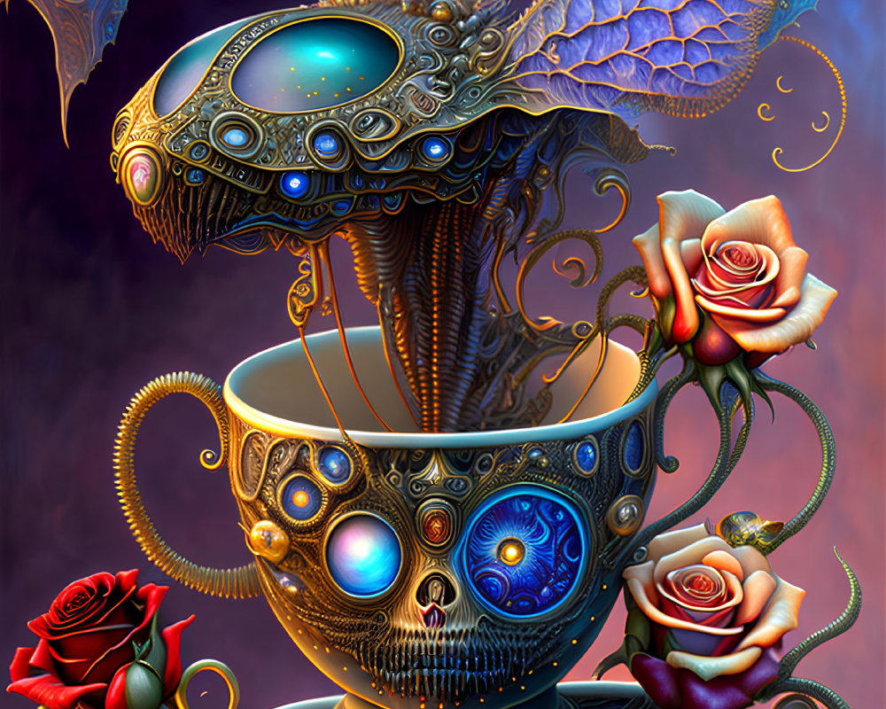 Ornate surreal teacup with red roses and mechanical elements on purple background