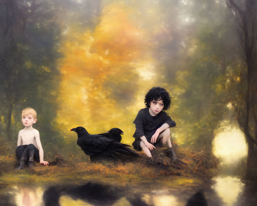 Children and black bird in misty autumn forest with water reflection