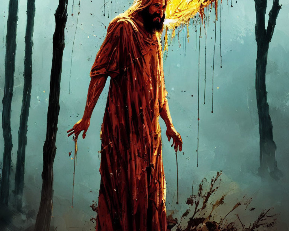 Bearded figure in robe holds glowing orb in forest