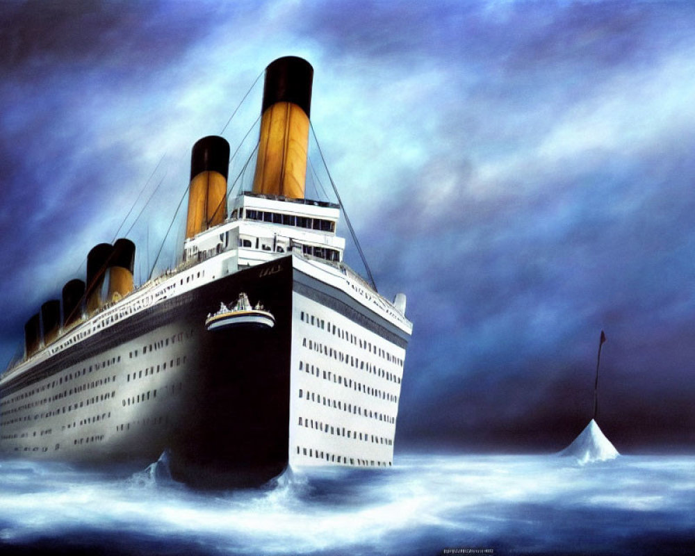 Detailed painting of RMS Titanic at sea with iceberg and dark clouds