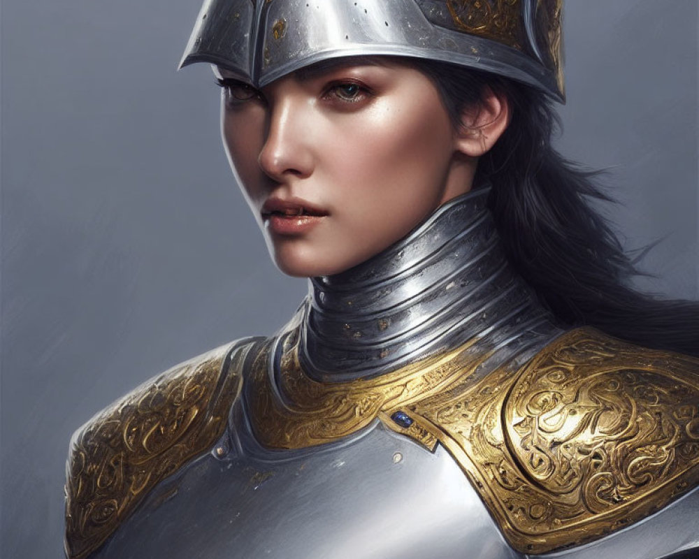 Detailed Silver and Gold Armor Portrait of Woman in Polished Helmet