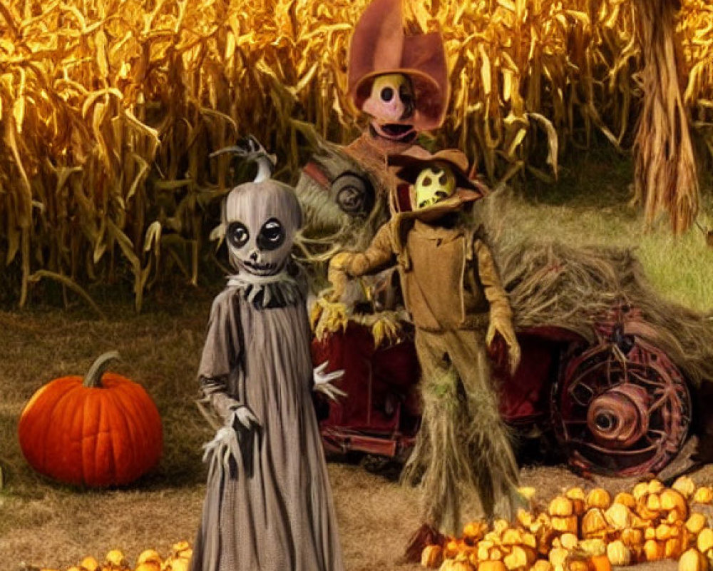 Halloween-themed characters in cornfield with pumpkins