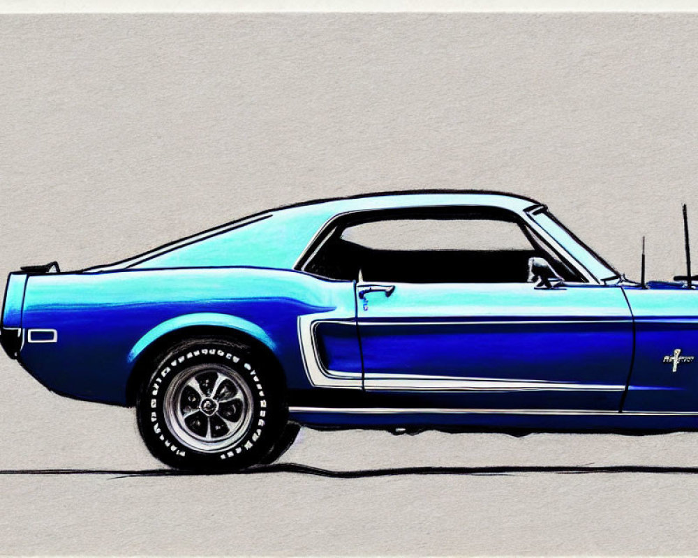 Blue Classic Mustang Car with Black Stripes on Textured Gray Background