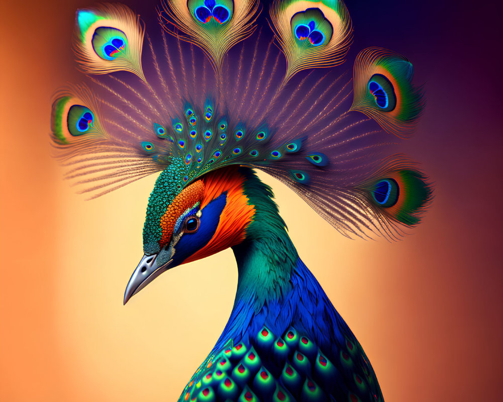 Colorful Peacock Displaying Iridescent Plumage on Gradient Orange Background