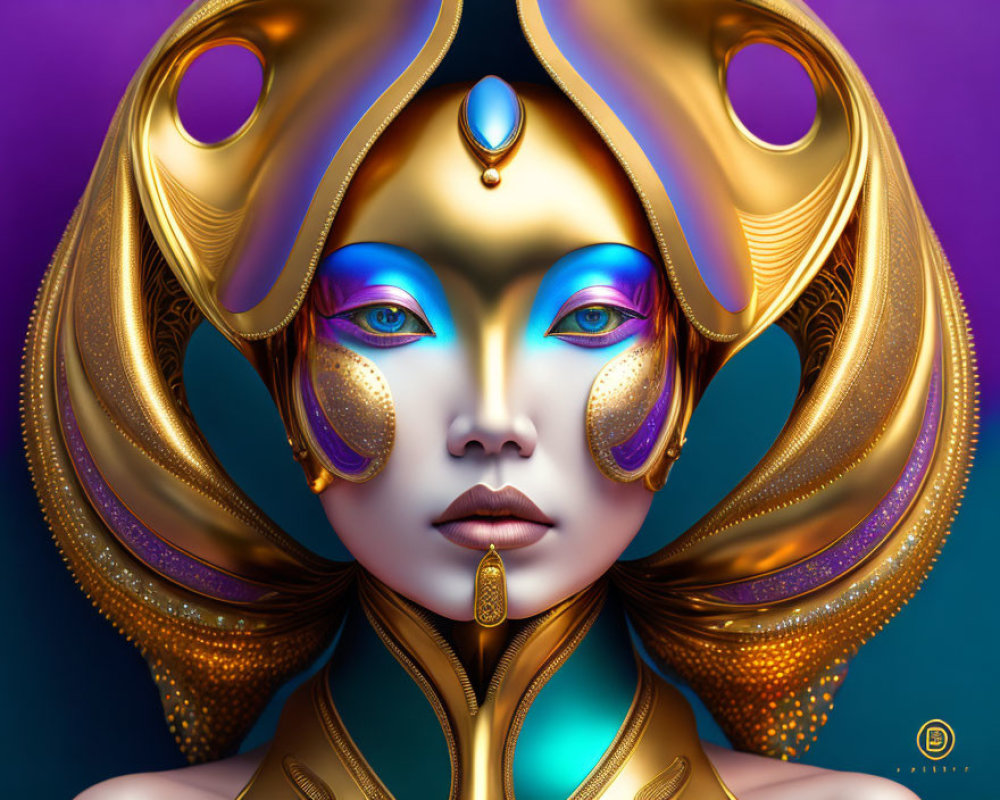 Elaborate Gold and Blue Headgear on Woman Portrait