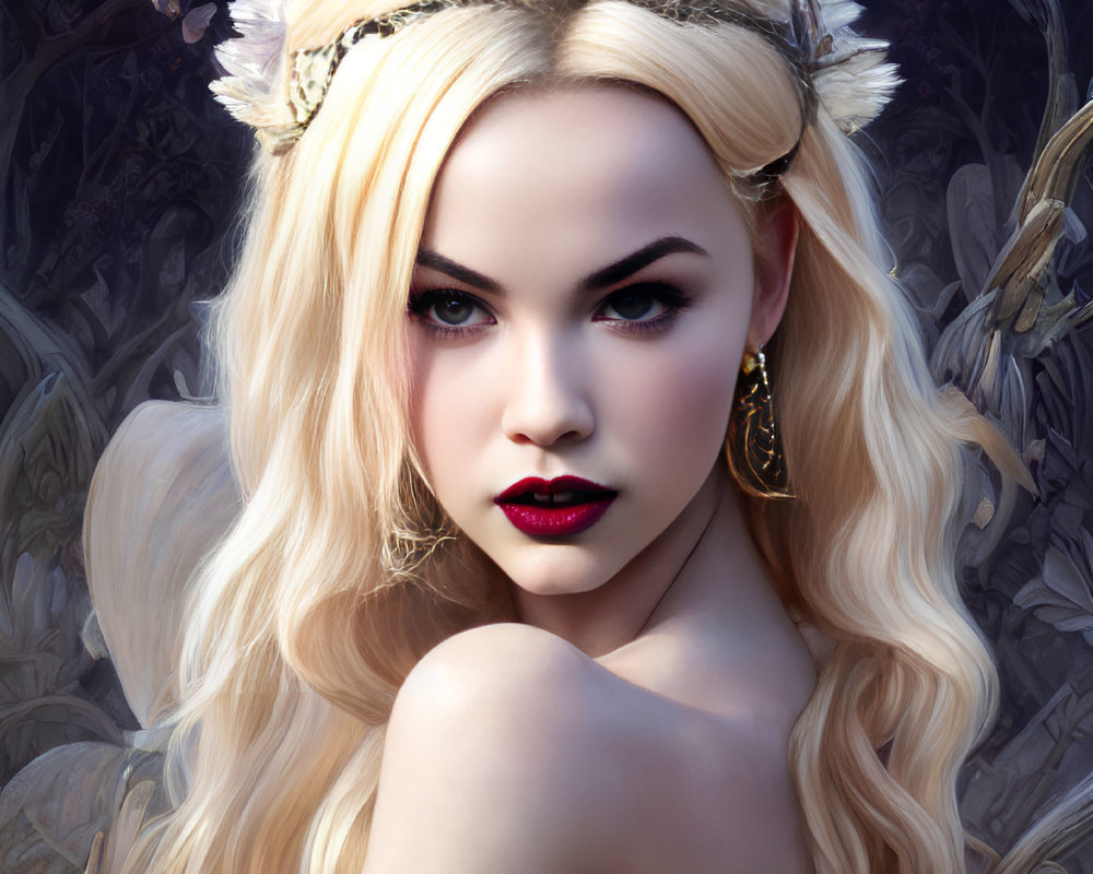 Blonde Woman in Crown with Blue Eyes and Red Lips Portrait