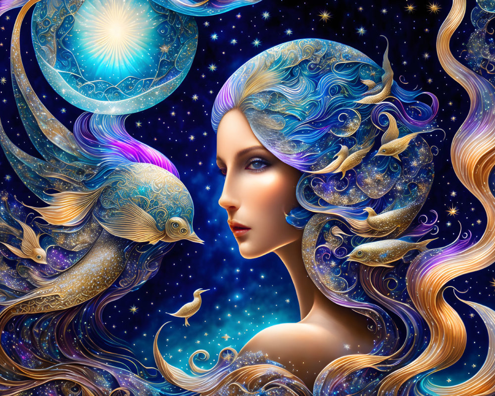 Surreal artwork of woman with flowing hair and cosmic elements