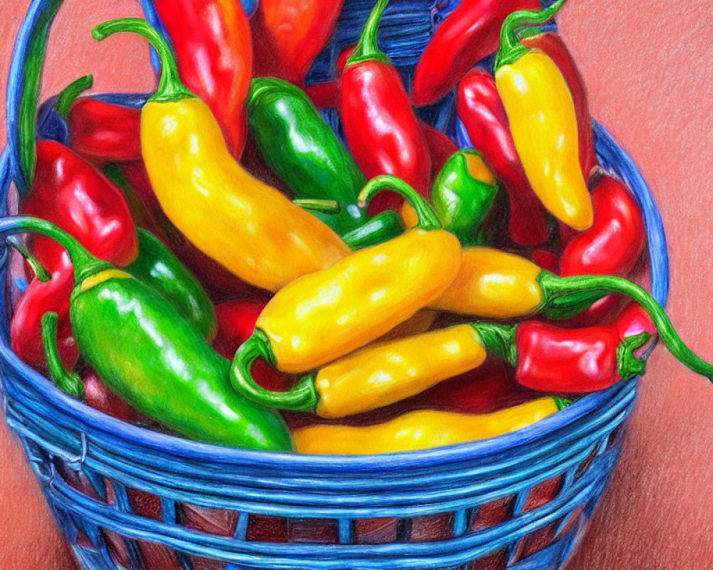 Colorful drawing of chili peppers in a blue basket on red background