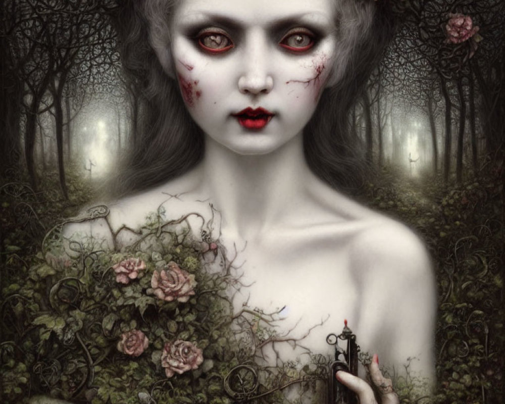 Gothic woman with black hair and red eyes in dark forest with roses