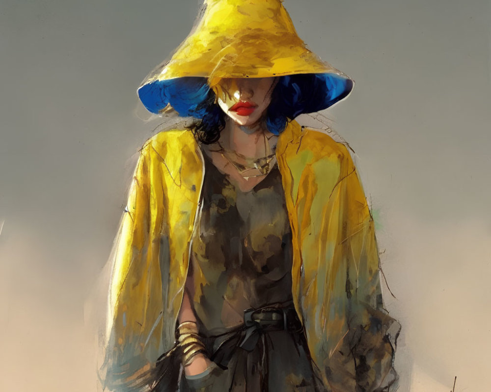 Stylized portrait of person in large yellow hat and blue hair