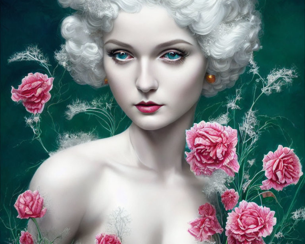 Fair-skinned woman with white curly hair and striking eyes in a digital portrait with pink roses on a