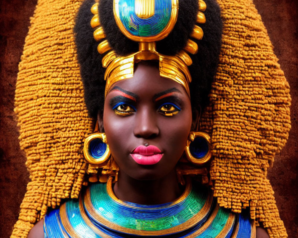 Woman with Striking Makeup and Elaborate African Headdress in Gold and Blue