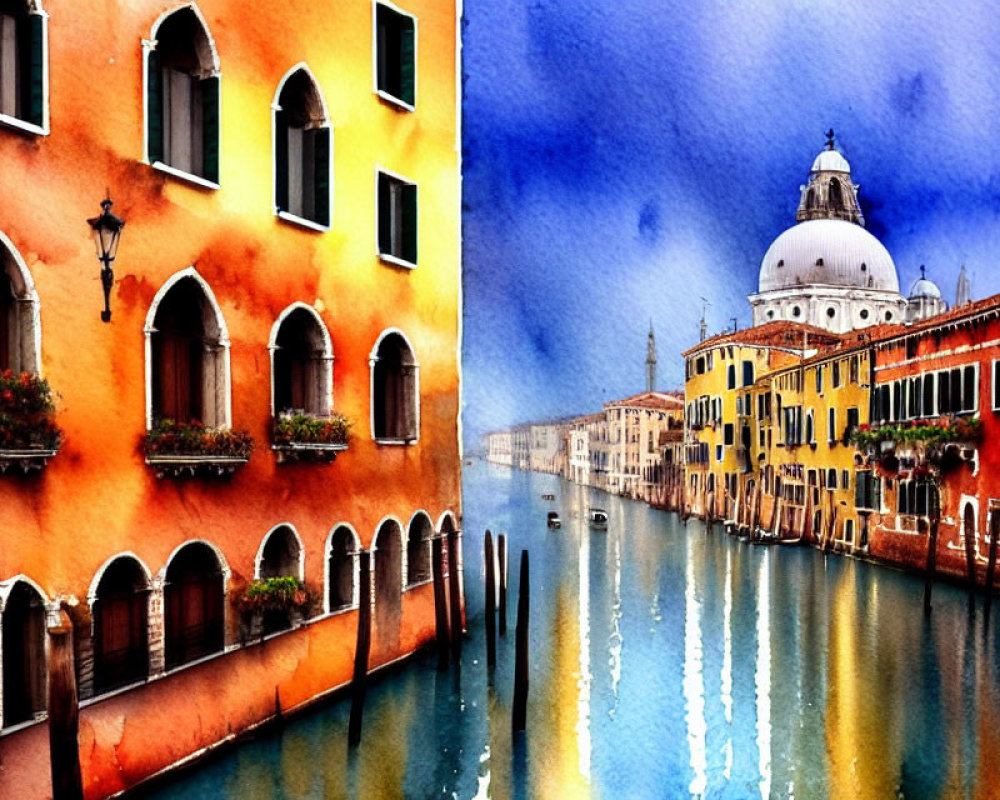 Colorful Venetian Canal Watercolor Painting with Buildings and Dome