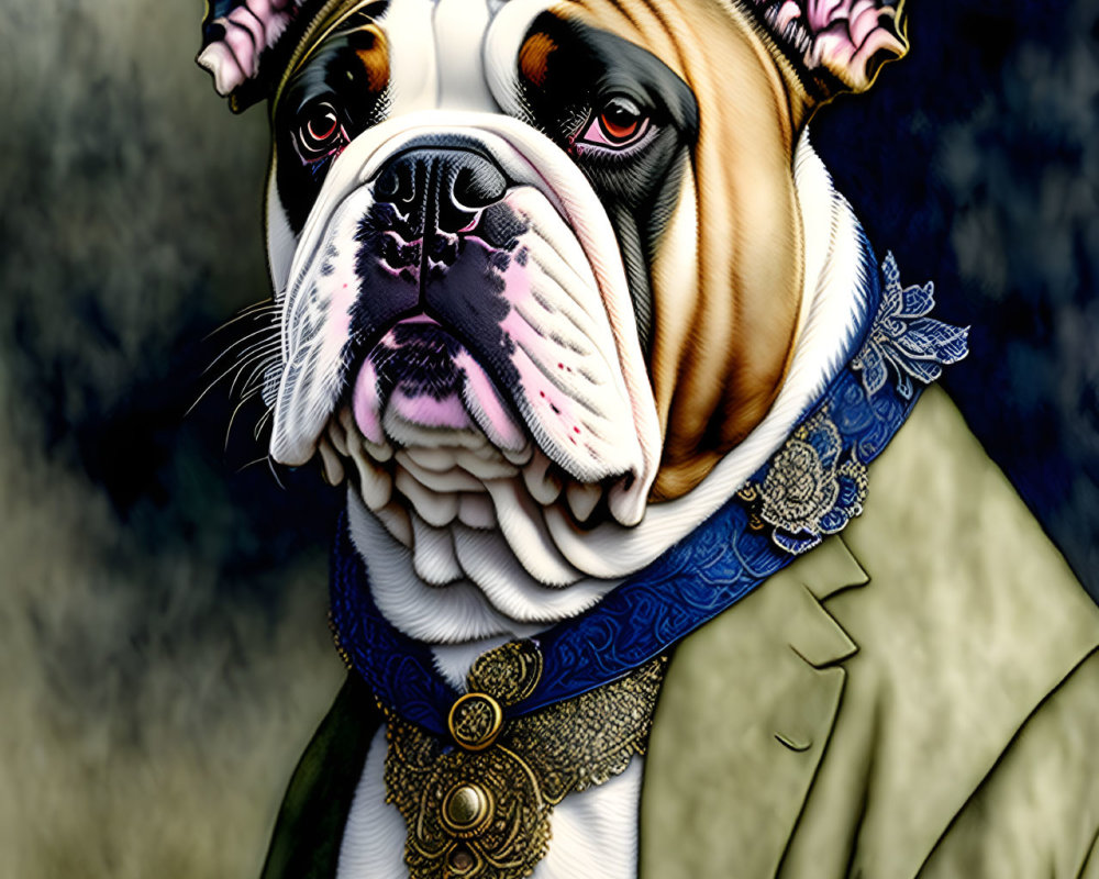 Stylized illustration of dog in human-like attire with blue adornment and jacket