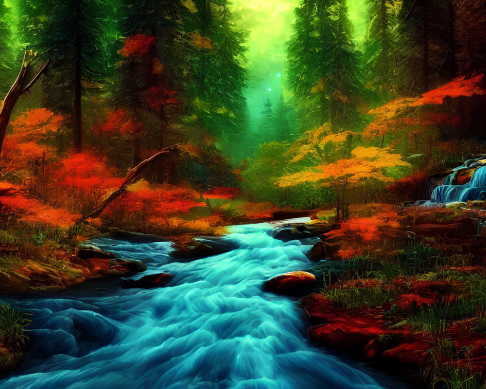 Autumn forest with waterfall and stream under green glow