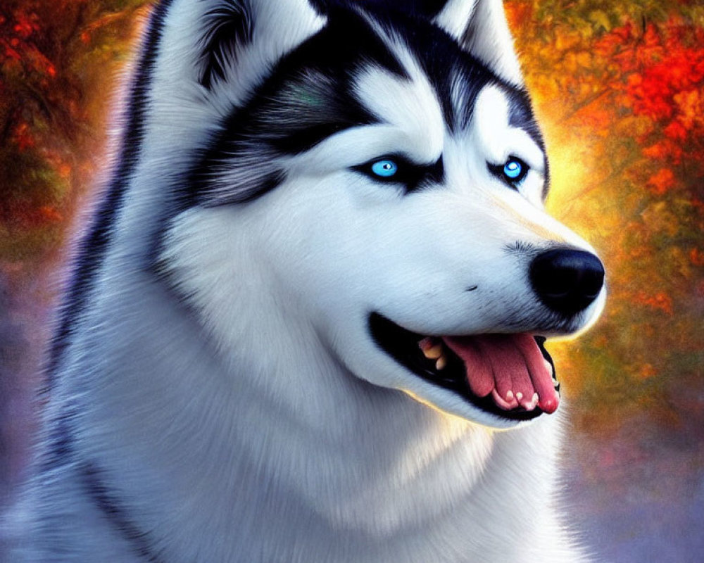 Siberian Husky Portrait with Blue Eyes and Autumn Background