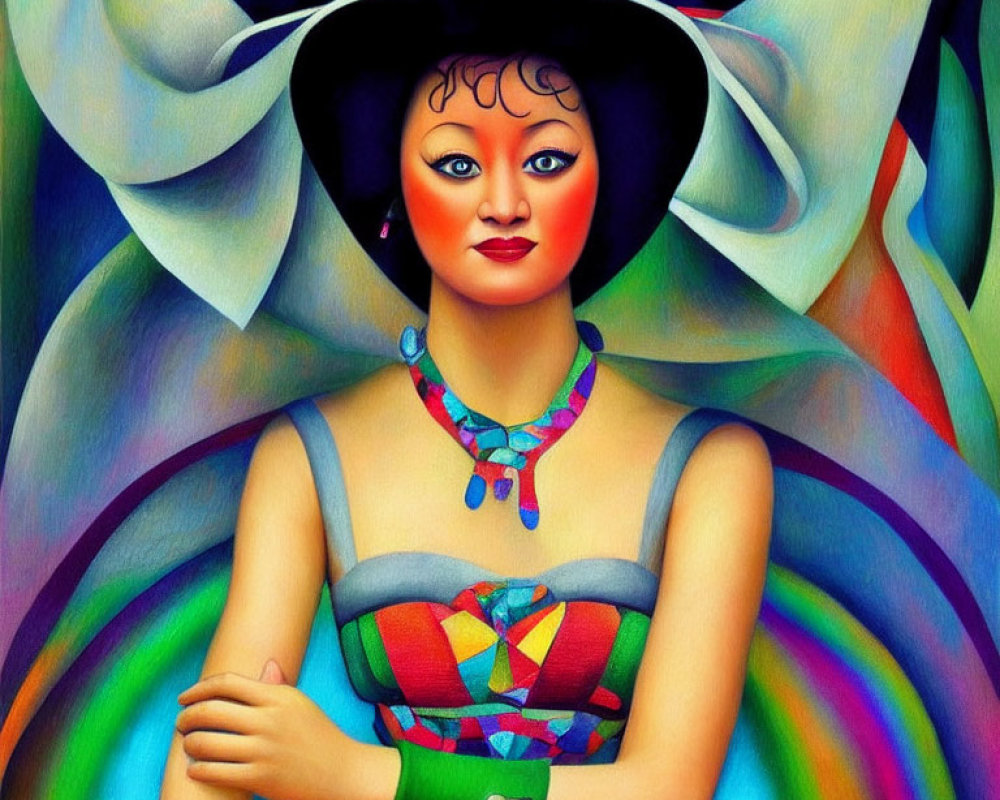 Colorful Geometric Dress Portrait of Woman with Hat and Necklace