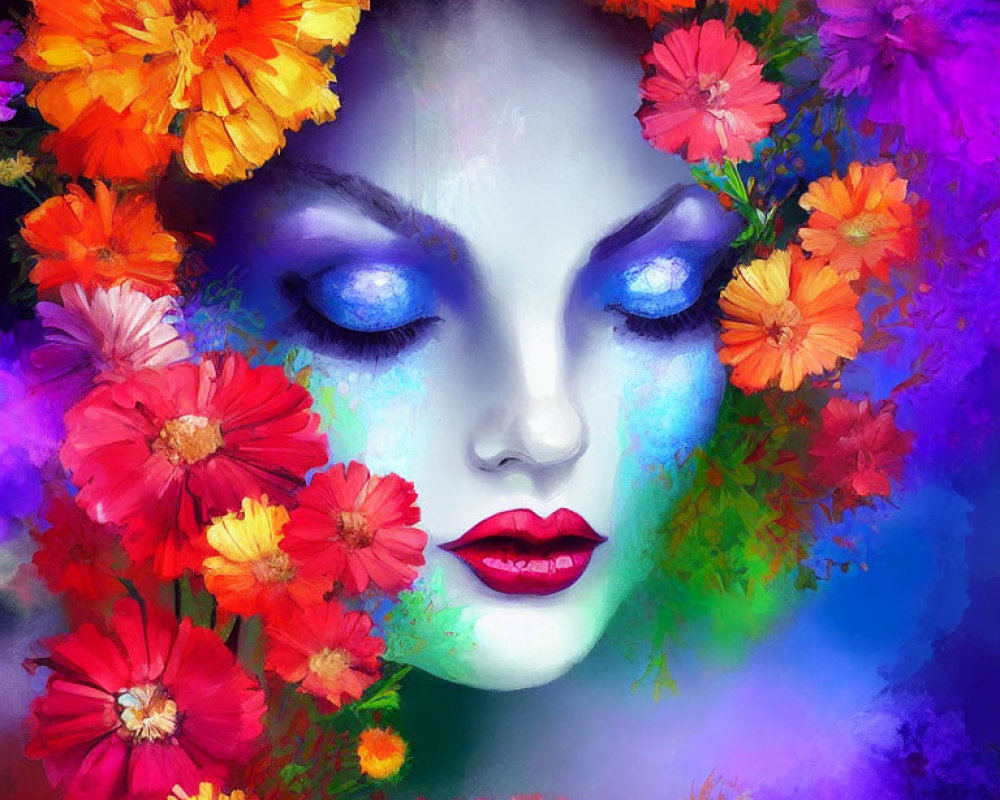 Colorful makeup woman's face surrounded by multicolored flowers