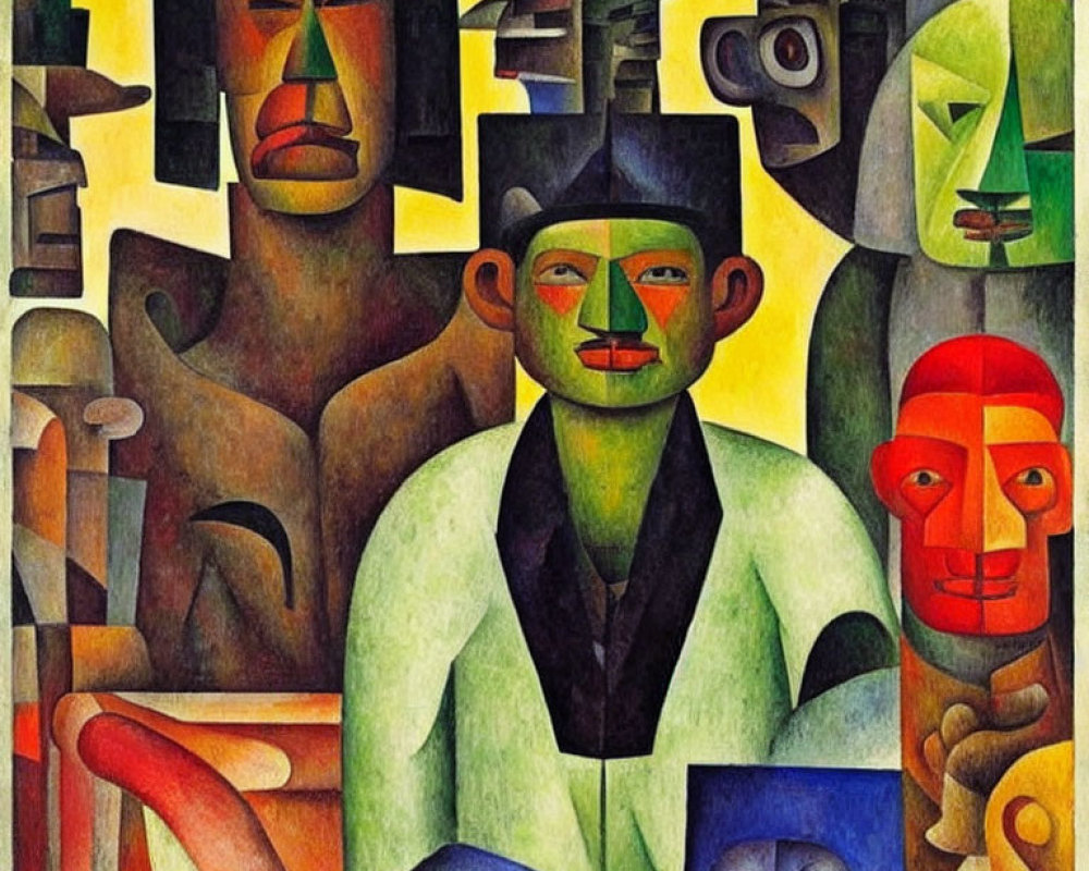 Colorful Cubist Painting with Abstract Geometric Figures