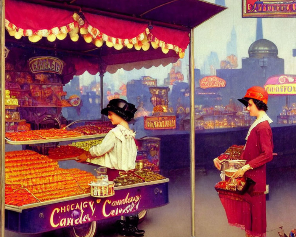 Vintage painting of boy selecting candies from Chicago Candies cart with stylish woman shopping.