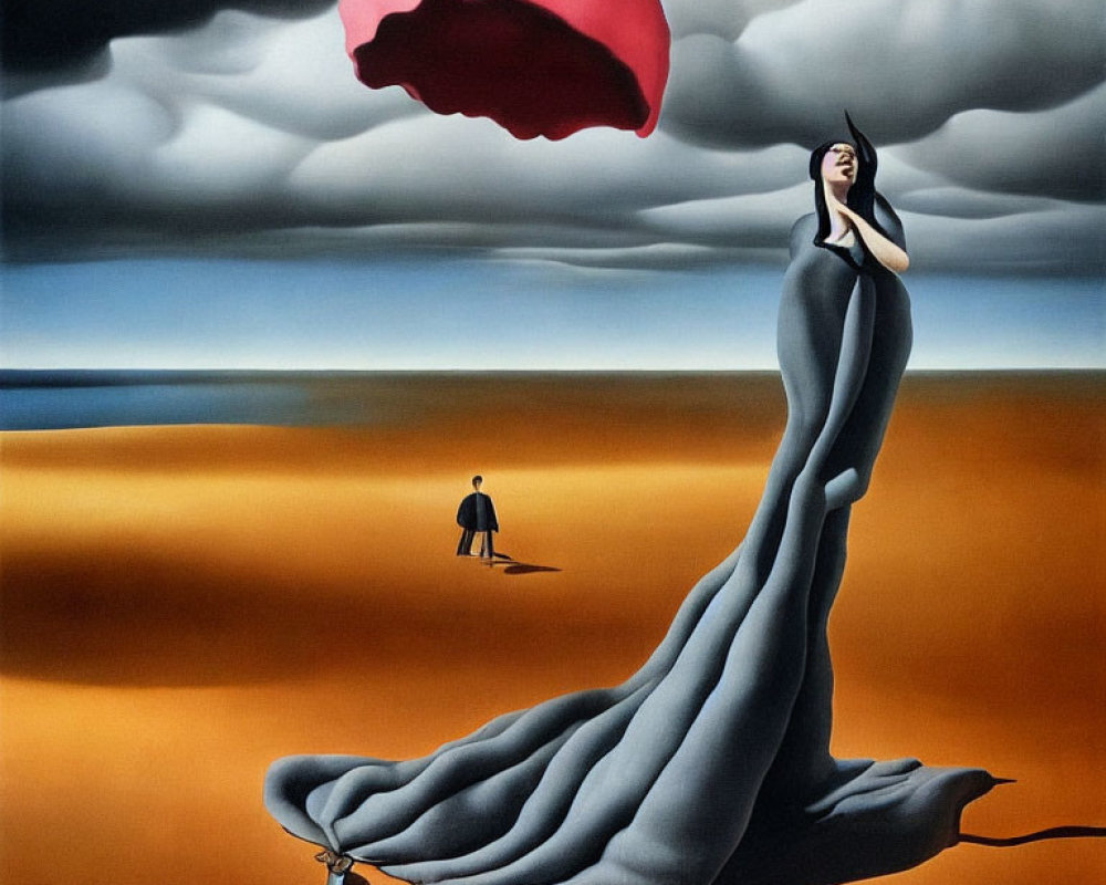 Surreal painting: Woman in flowing dress, desert backdrop, man in distance, floating red shape