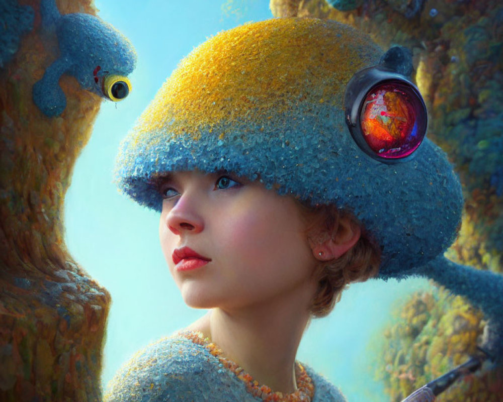 Whimsical girl with moss-covered helmet in surreal forest scene