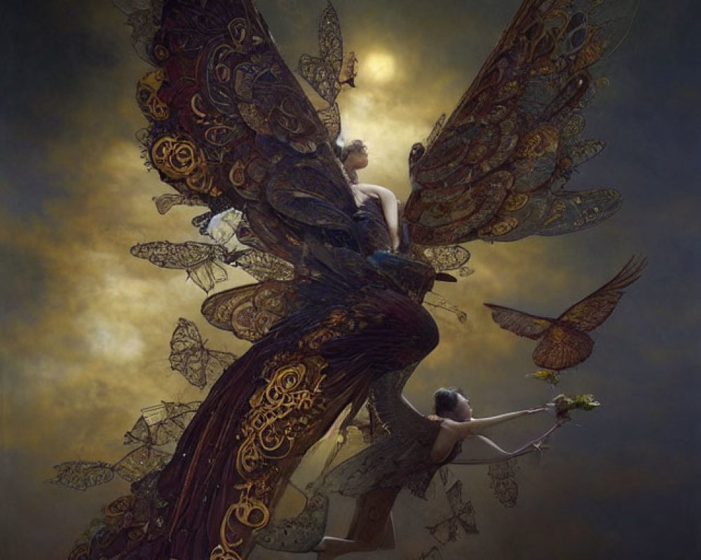 Ethereal scene of two winged figures in golden sky