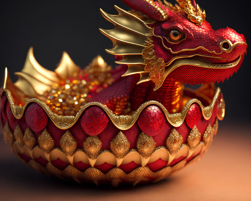 Intricate Red and Gold Dragon Sculpture on Dark Background