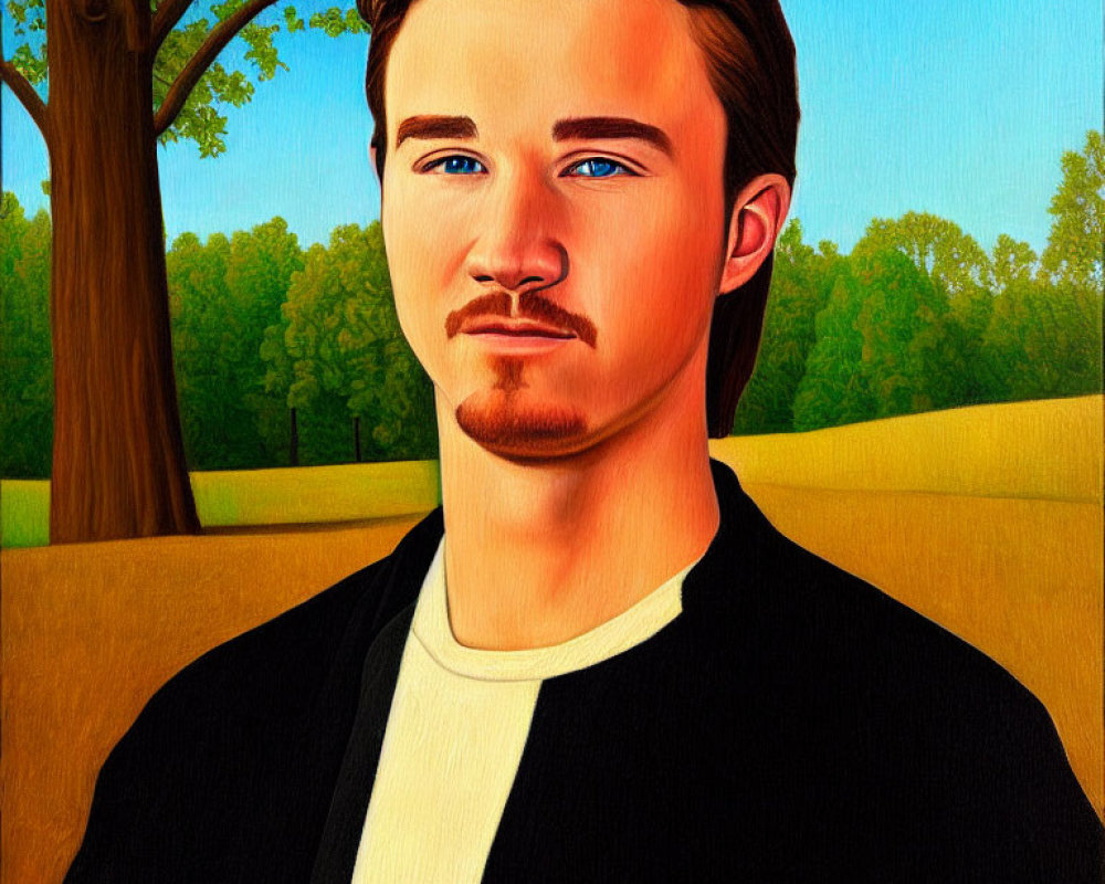 Stylized portrait of a man with mustache and goatee in black jacket against autumn backdrop