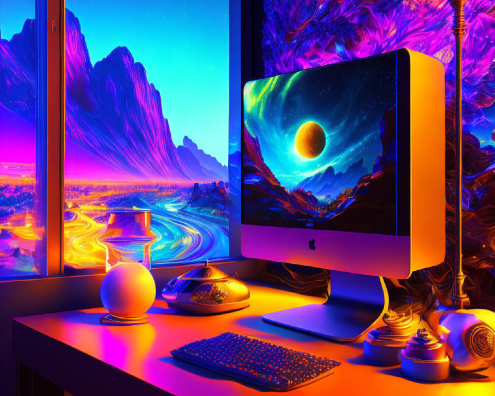 Modern computer workspace with space-themed decor and neon lighting