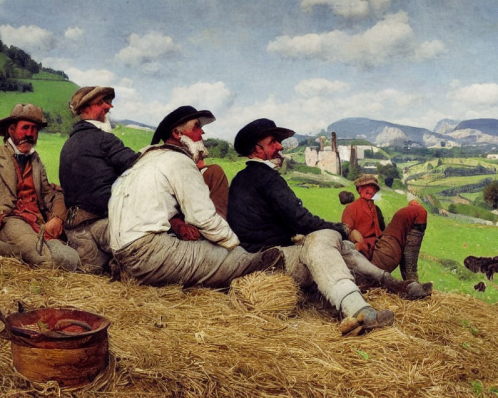 Men in rustic attire resting on haystack in pastoral landscape with cows and castle