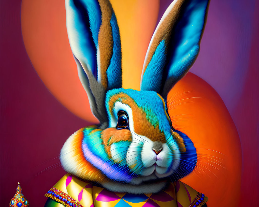 Colorful digital artwork featuring a rabbit with patterned body and balloons in background.