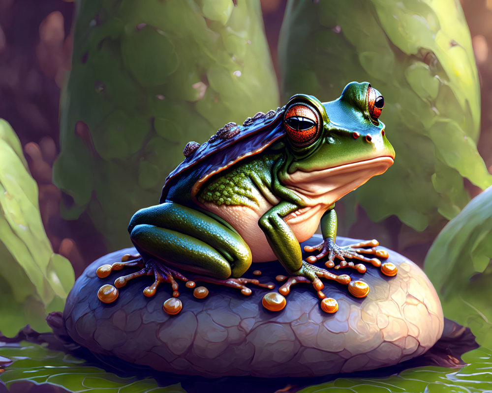 Colorful digital art: Green frog on stone with orange mushrooms in forest.