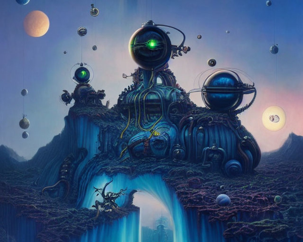 Alien landscape with waterfalls, machinery, orbs, and celestial sky