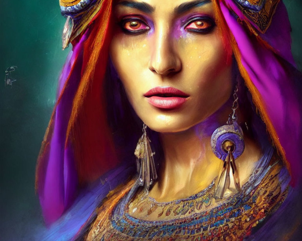 Colorful digital portrait of a woman in ornate headdress & detailed garments