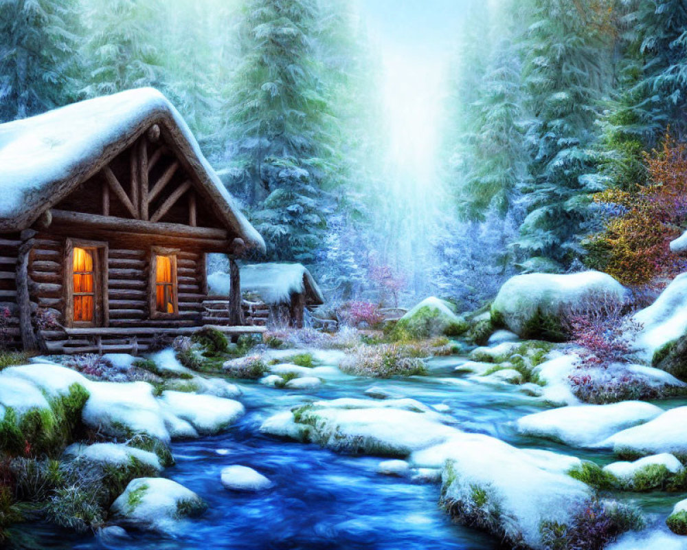 Snow-covered log cabin by flowing stream in winter landscape