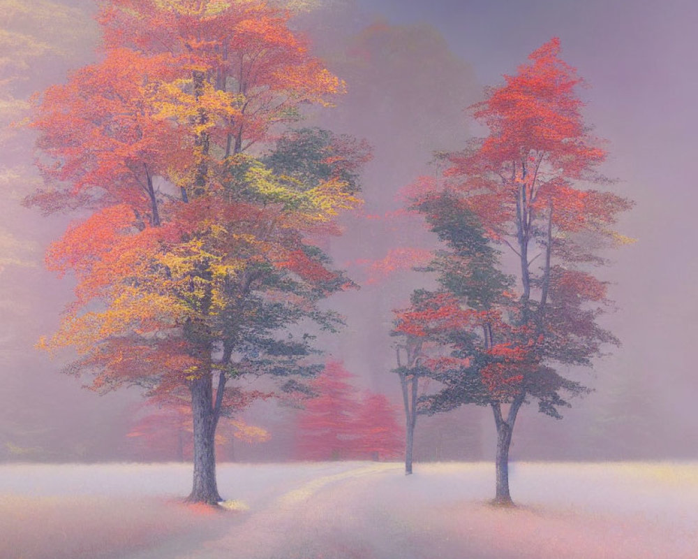Vibrant autumn trees in misty landscape with path