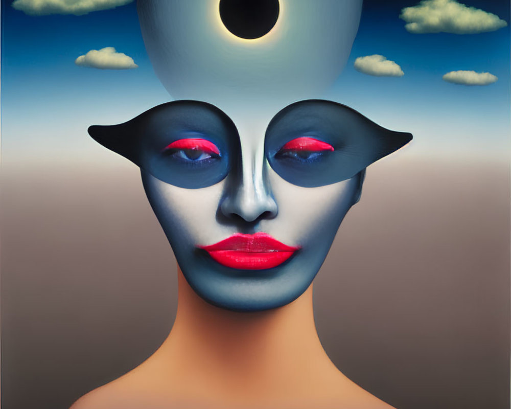 Surreal artwork featuring face with theatrical mask and eclipse on sky backdrop