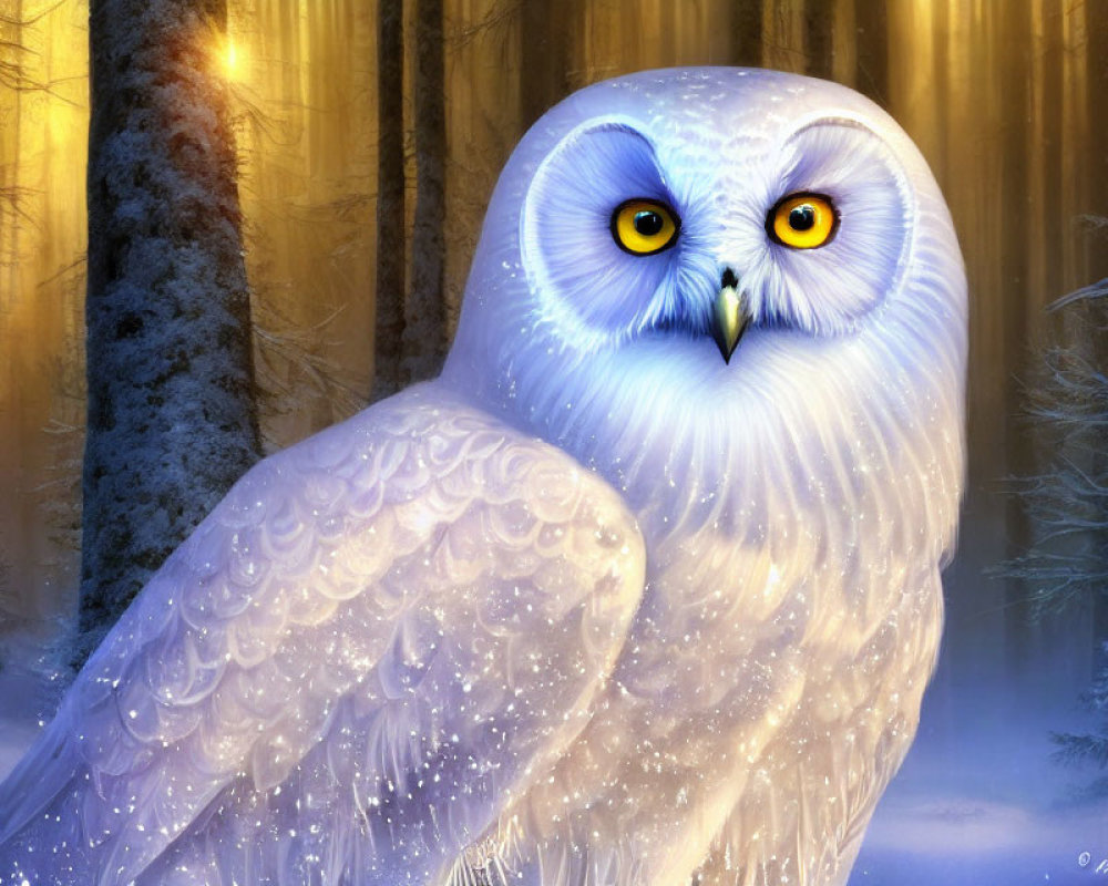 White owl with glowing yellow eyes in snowy forest with golden light.