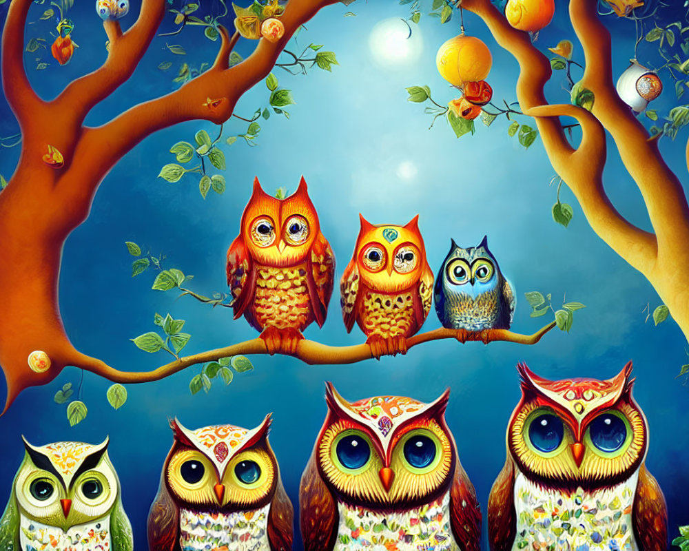 Six Colorful Stylized Owls Perched on Tree Branch at Night