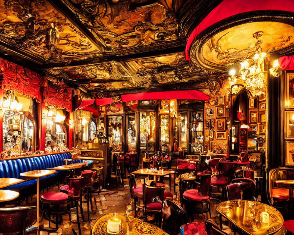 Luxurious Vintage Bar with Golden Ceilings, Red Drapery, Paintings, Mirrors