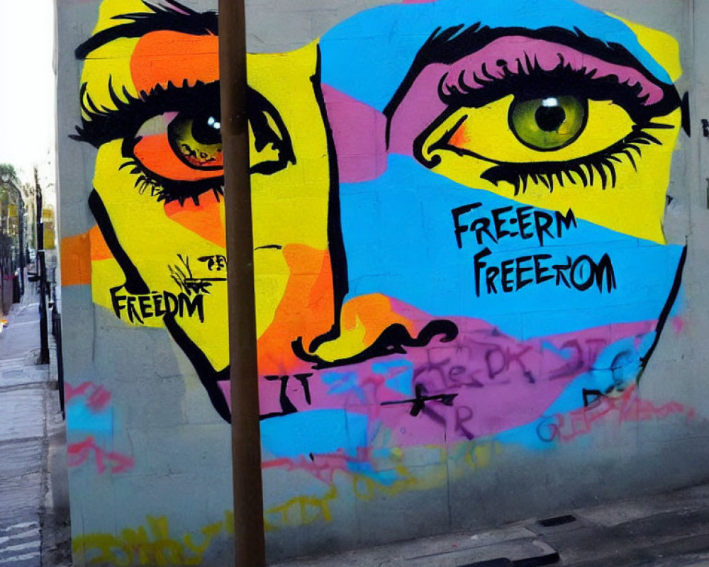 Vibrant street art: fragmented face with expressive eyes and repeated "freedom" word, partially