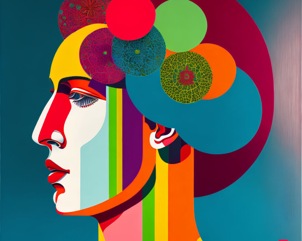 Colorful Abstract Portrait with Geometric Shapes and Circular Motifs