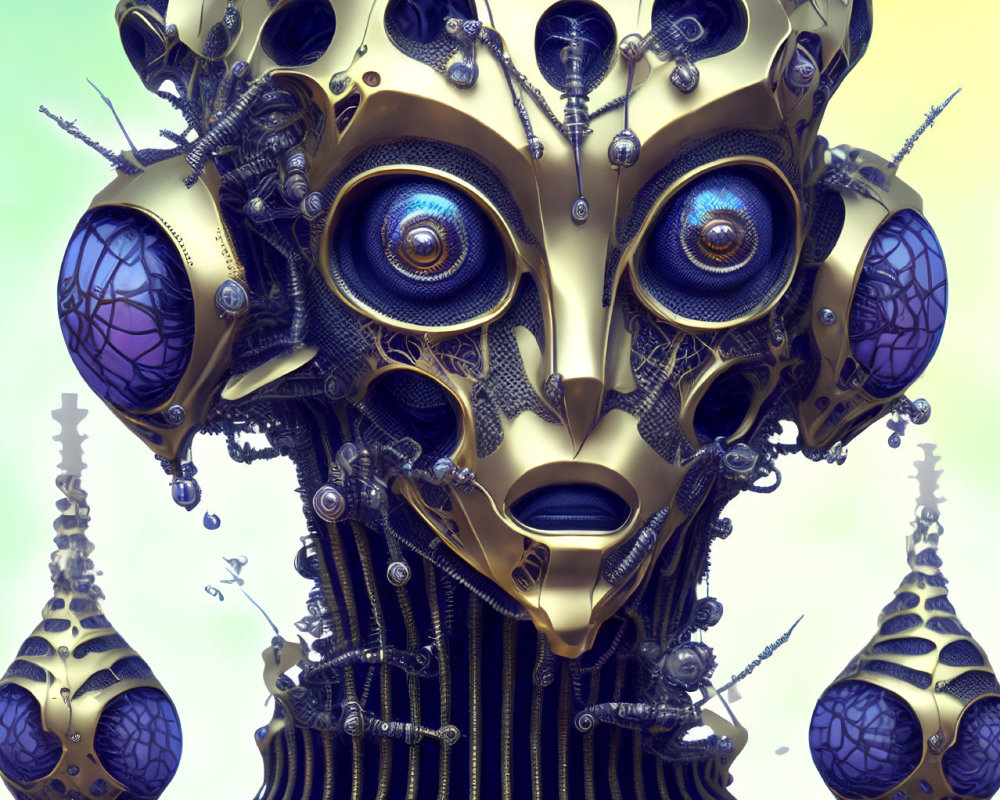 Intricate surreal face art with metallic patterns