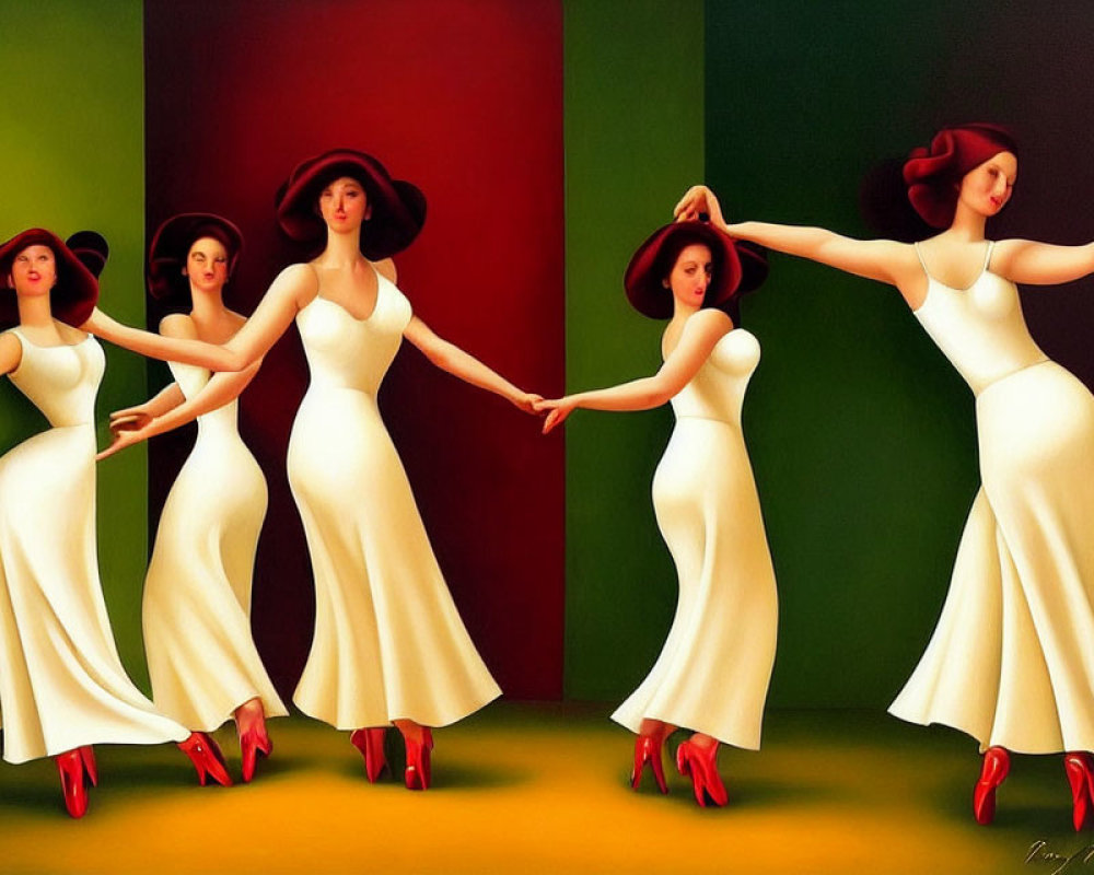 Stylized women in white dresses and red heels posing against colorful background